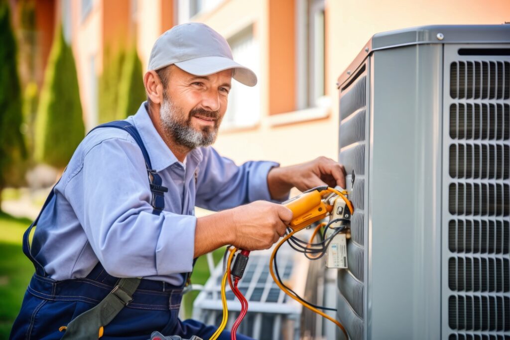 Action Furnace technician installing AC outdoor unit for Alberta home