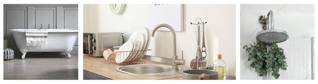 3 images of a clawfoot bathtub, a modern kitchen faucet and rainfall showerhead